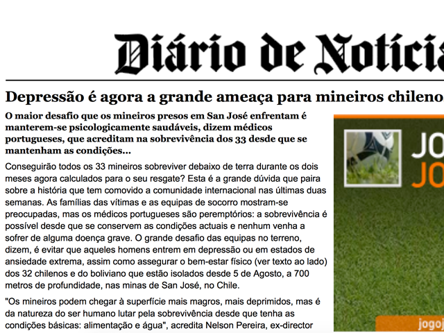 Read more about the article Diário de Notícias: Depressão é agora a grande ameaça para mineiros chilenos”.