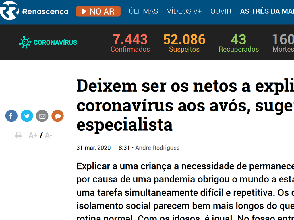 You are currently viewing Rádio Renascença: Deixem ser os netos a explicar o covid aos avós